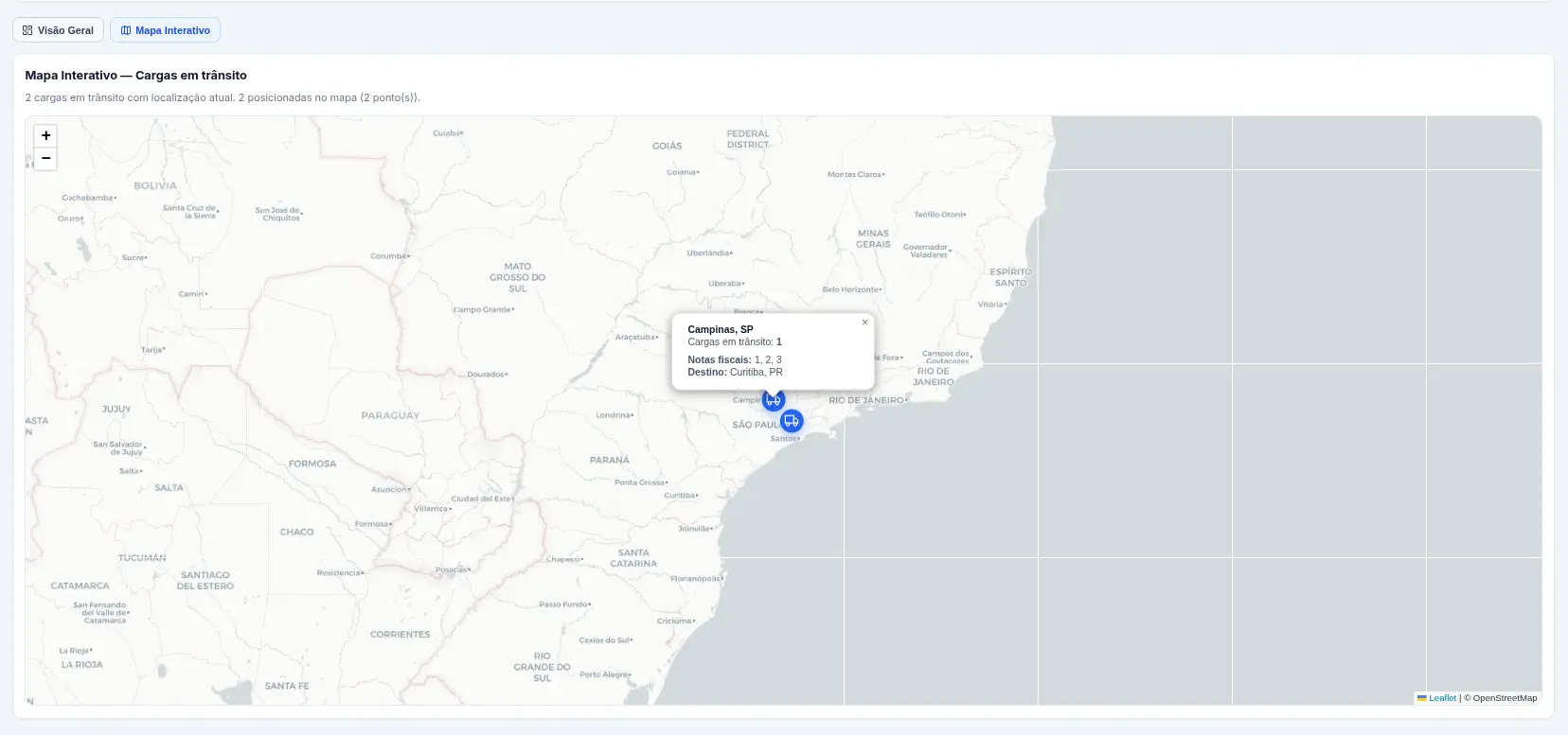 Dashboard com mapa interativo para acompanhamento logístico