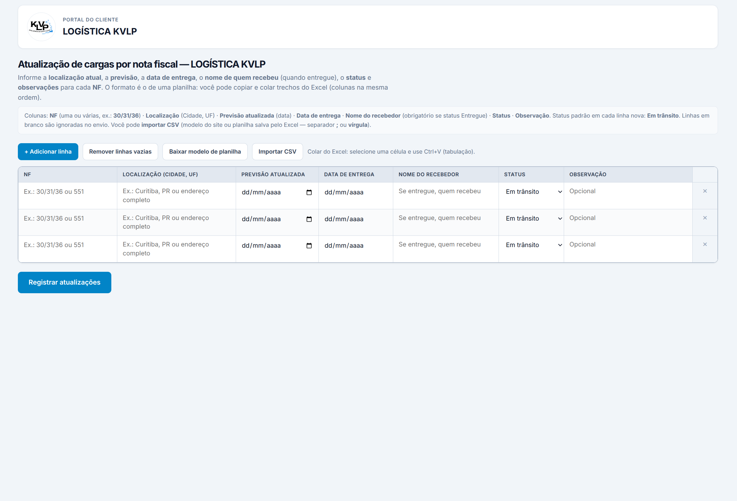 Portal de atualização para transportadora terceirizada