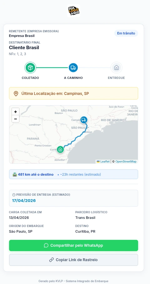 Tela de rastreio no status Em trânsito