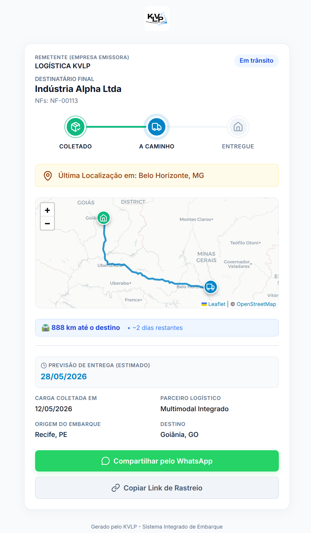 Tela de rastreio no status Em trânsito