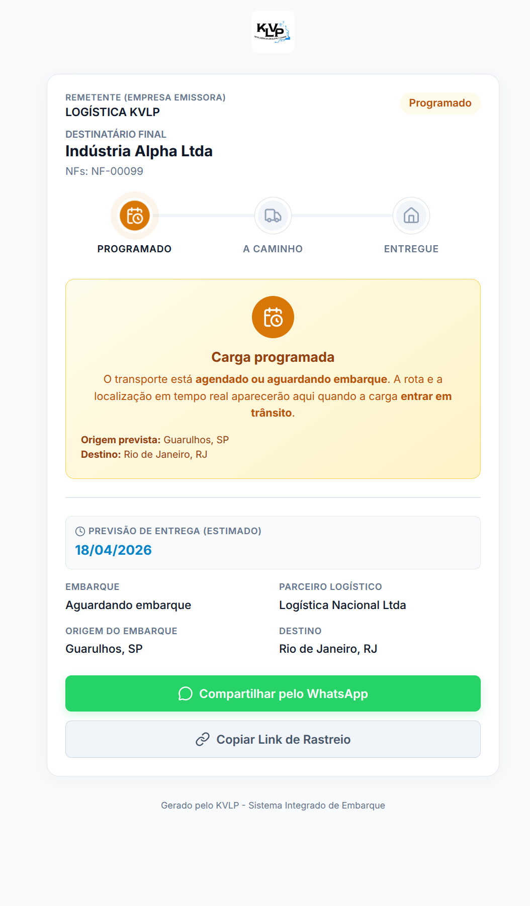 Tela de rastreio no status Programado